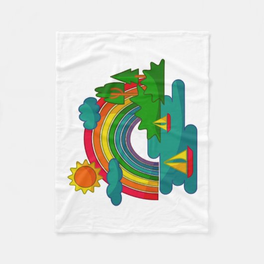 太陽の雲と虹の下のボートの旅行の風景 フリースブランケット (正面)