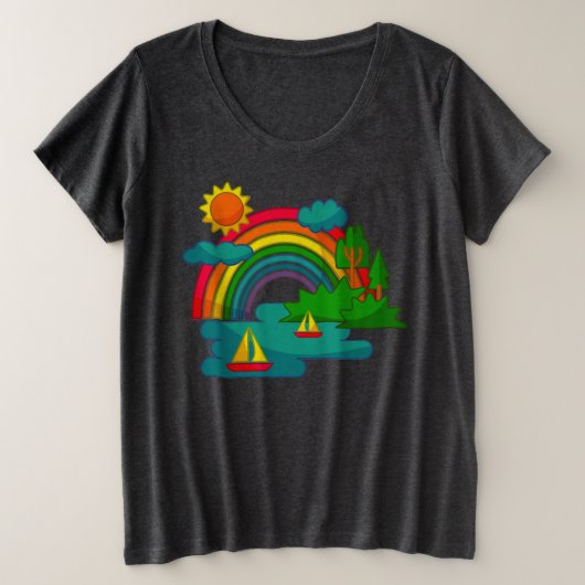 太陽の雲と虹の下のボートの旅行の風景 プラスサイズTシャツ (デザイン正面)