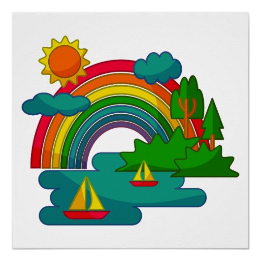 太陽の雲と虹の下のボートの旅行の風景 ポスター (正面)