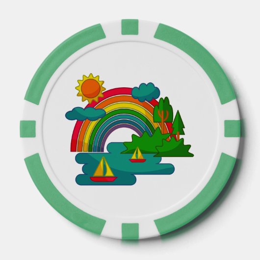 太陽の雲と虹の下のボートの旅行の風景 ポーカーチップ (正面)