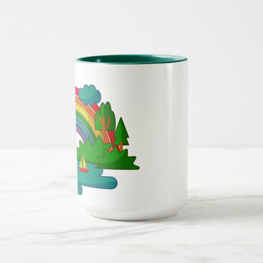 太陽の雲と虹の下のボートの旅行の風景 マグカップ (中央)