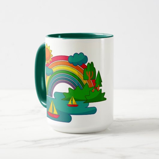 太陽の雲と虹の下のボートの旅行の風景 マグカップ (正面左)