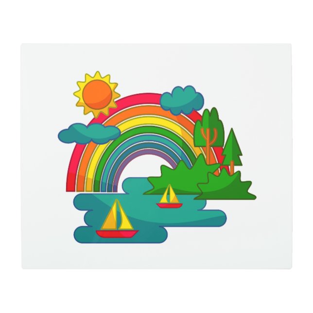 太陽の雲と虹の下のボートの旅行の風景 メタルプリント (正面)