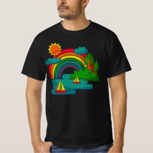 太陽の雲と虹の下のボートの旅行の風景 Tシャツ