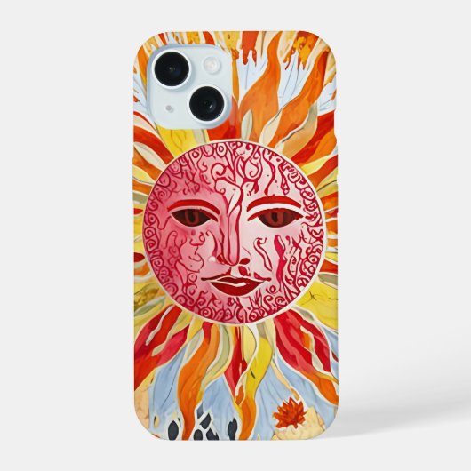 太陽の顔のコラージュアート - 活力と温かみのあるデザイン iPhone 15ケース (裏面)