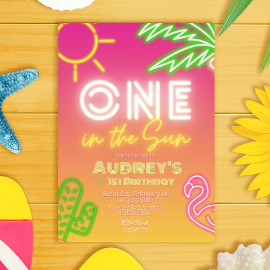 太陽の1つ – 女の子1歳の誕生日 招待状