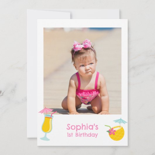 太陽の1歳の誕生日にフォトピンクのプール1 招待状 (裏面)