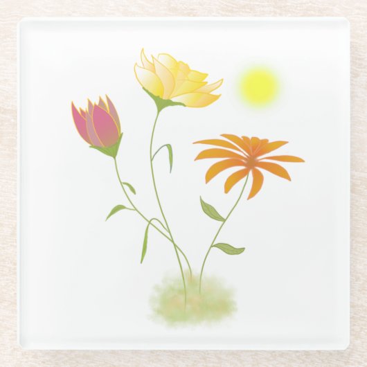 太陽の3つの花 – 透明。 ガラスコースター (正面)