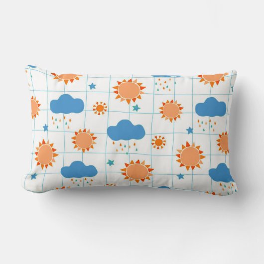 太陽や雲や雨粒のカラフルなパターン ランバークッション (正面)