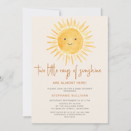 太陽をテーマにした双子の赤ちゃんシャワー 招待状 (正面)