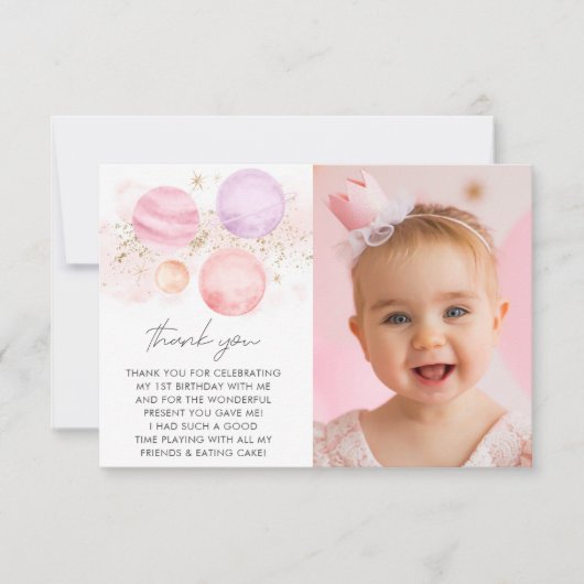 太陽を一周したよ！女の子の1歳誕生日写真 サンキューカード (正面)