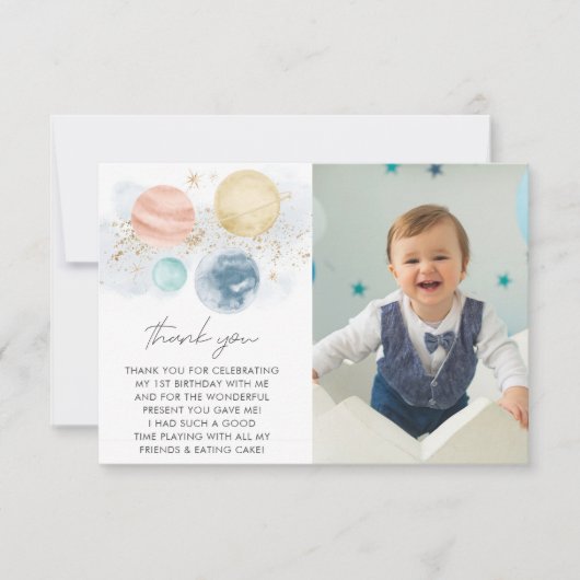 太陽を一周したよ！男の子の1歳誕生日写真 サンキューカード (正面)