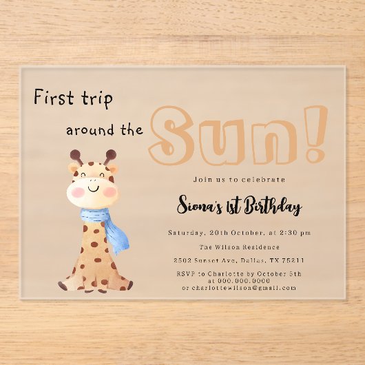 太陽を一周するキリンちゃん 1歳の誕生日 アクリル招待状 (正面)