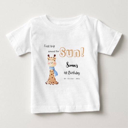 太陽を一周するキリンちゃん 1歳の誕生日 ベビーTシャツ (正面)