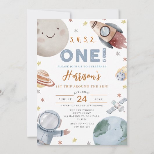 太陽を一周する初めての旅 スペース 1歳の誕生日 招待状 (正面)