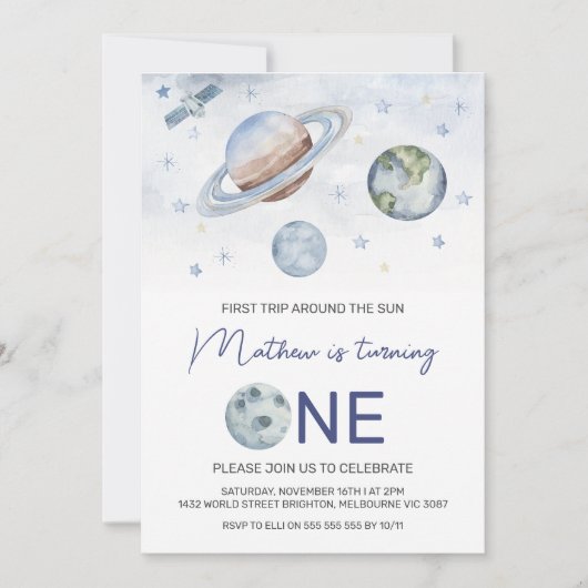 太陽を一周する惑星の1歳の誕生日 招待状 (正面)