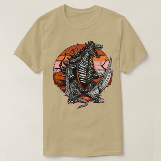 太陽を背景に恐竜を攻撃する Tシャツ (デザイン正面)