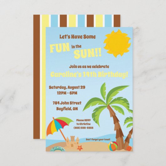 太陽ビーチ誕生日会でおもしろいを食べよう 招待状 (正面/裏面)