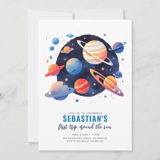 太陽外のまわりに外宇宙の最初の旅1回目の誕生日 招待状 (正面)