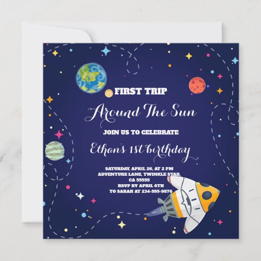 太陽外のまわりに外宇宙の最初の旅1回目の誕生日 招待状 (正面)