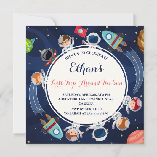 太陽外のまわりに外宇宙の最初の旅1回目の誕生日 招待状 (正面)