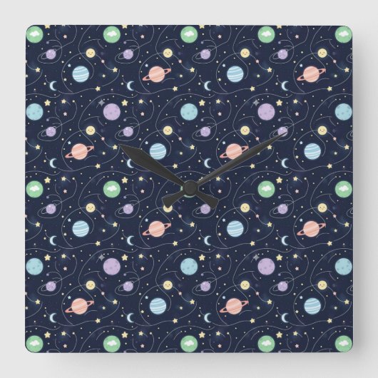 太陽系惑星シームレスパターン スクエア壁時計 (正面)