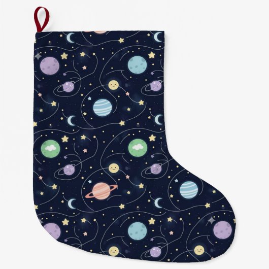 太陽系惑星 シームレス パターン ラージクリスマスストッキング (正面)