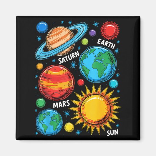 太陽系惑星 地球 火星 土星 太陽 スケッチ マグネット (正面)