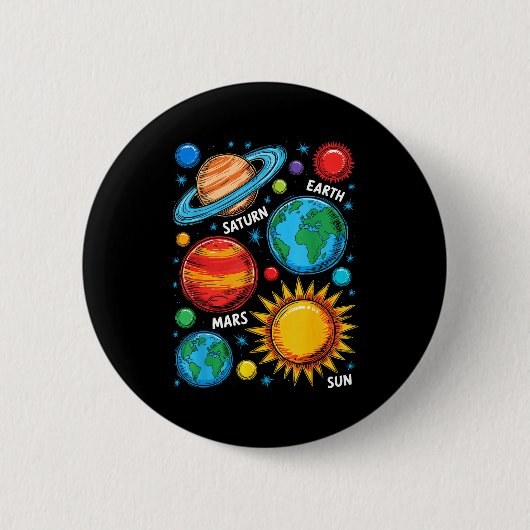 太陽系惑星 地球 火星 土星 太陽 スケッチ 缶バッジ (正面)