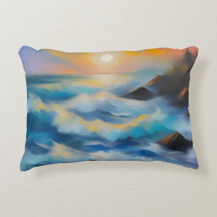 太陽絵を描の下の薄い青い海の波 アクセントクッション