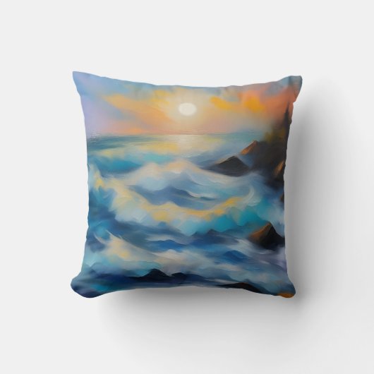 太陽絵を描の下の薄い青い海の波 クッション (正面)