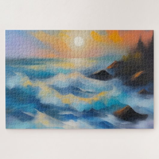 太陽絵を描の下の薄い青い海の波 ジグソーパズル (横)