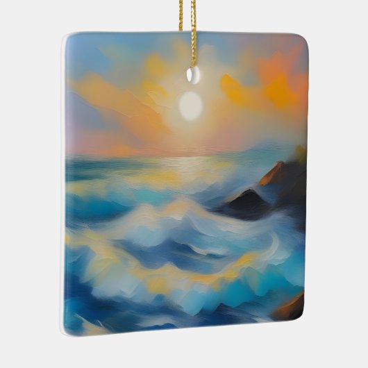 太陽絵を描の下の薄い青い海の波 セラミックオーナメント (右)