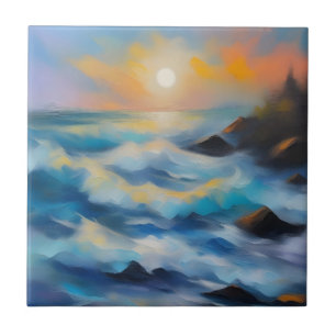 太陽絵を描の下の薄い青い海の波 タイル
