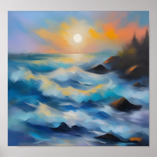太陽絵を描の下の薄い青い海の波 ポスター (正面)