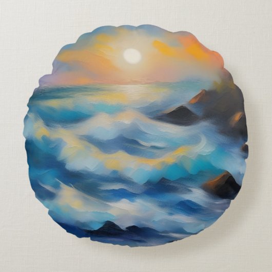 太陽絵を描の下の薄い青い海の波 ラウンドクッション (正面)