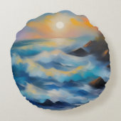 太陽絵を描の下の薄い青い海の波 ラウンドクッション (裏面)