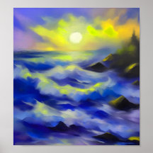 太陽絵画の下の濃い青い海の波