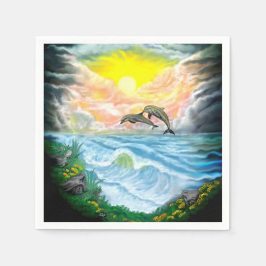 太陽遊の下のイルカ スタンダードカクテルナプキン (正面)