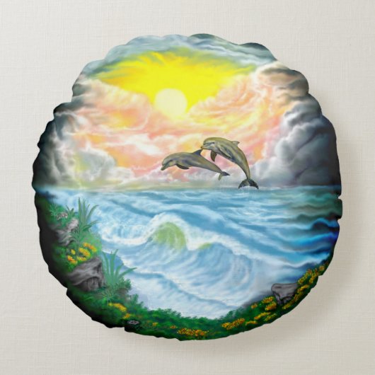 太陽遊の下のイルカ ラウンドクッション (正面)