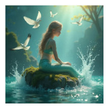 太陽魅力的の下に座る人魚の甘い女