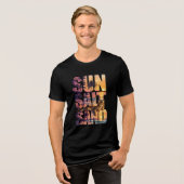 太陽+塩+砂+ビーチ+猫+夕日 メンズ ブラック トライブレンドTシャツ (正面全面)