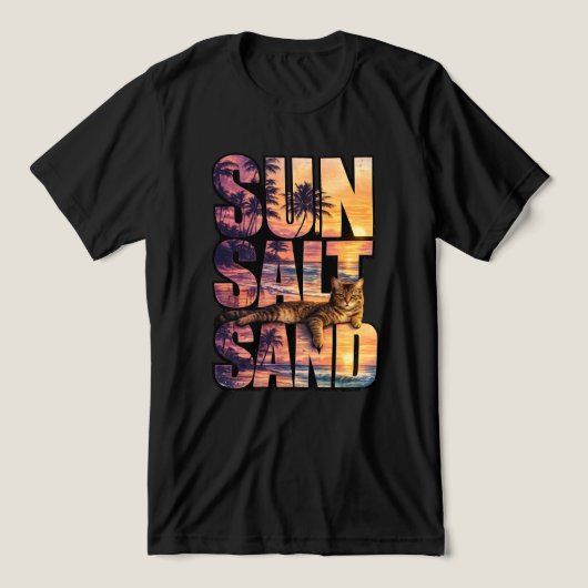 太陽+塩+砂+ビーチ+猫+夕日 メンズ ブラック トライブレンドTシャツ (デザイン正面)