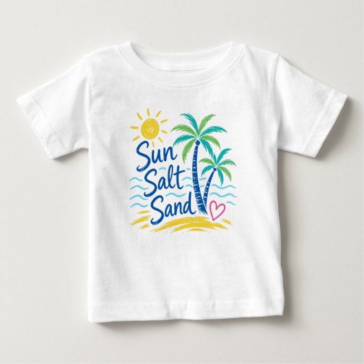 太陽+塩+砂 – 南国のビーチ ヤシの木 夏 ベビーTシャツ (正面)