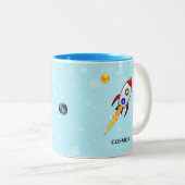 太陽、惑星地球、ライトブルーのスカイロケット ツートーンマグカップ (正面右)
