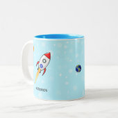 太陽、惑星地球、ライトブルーのスカイロケット ツートーンマグカップ (正面左)