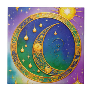 太陽、月、星、塗り宝石の色 タイル