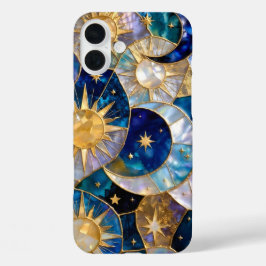 太陽 月 iPhone カース ステンドグラス ブルー ゴールド 16 Plusケース