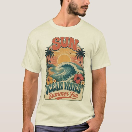 太陽 海 波 夏の楽しみ ビーチ デザイン Tシャツ (正面)