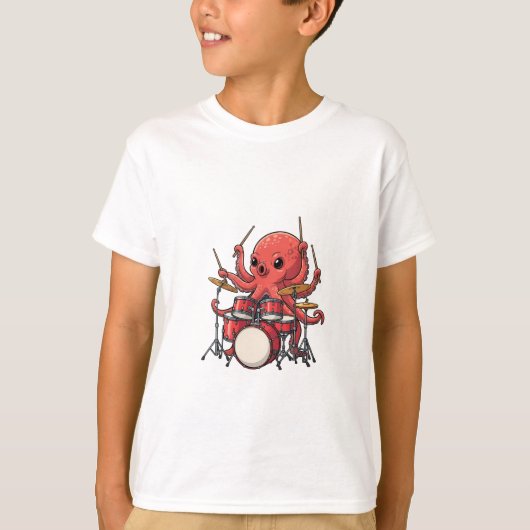 太鼓を叩くタコ 音楽 カートゥーン 子供 Tシャツ (正面)